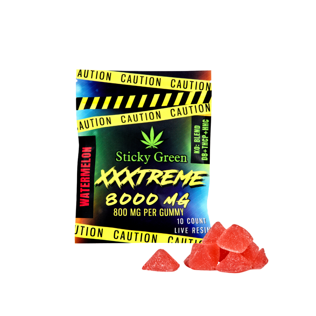 Sticky Green XXXTREME 8000mg Watermelon gummies pack — Live Resin KO Blend D8 + THC-P + HHC