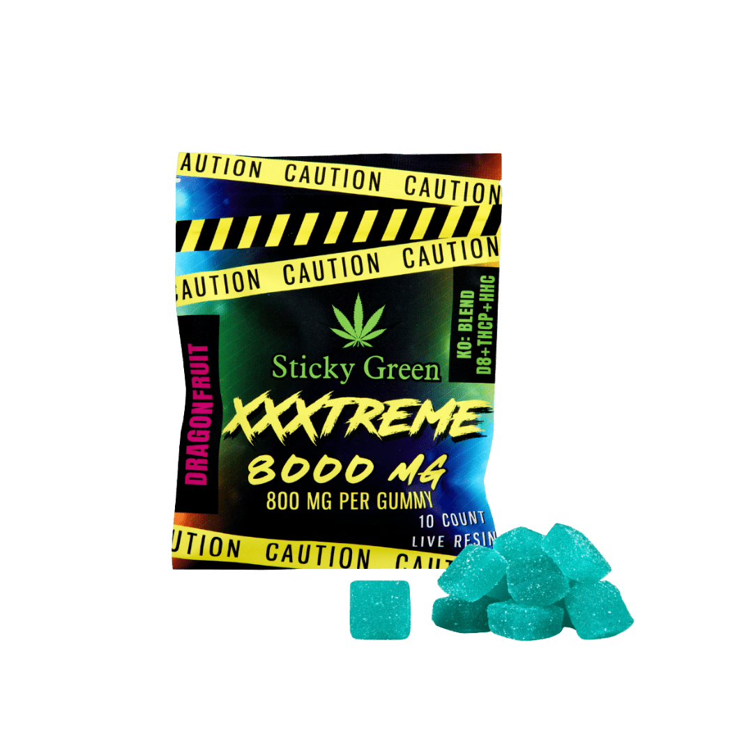 Sticky Green XXXTREME gummies close-up — 800mg per gummy, 10 count Live Resin pack