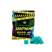 Sticky Green XXXTREME gummies close-up — 800mg per gummy, 10 count Live Resin pack