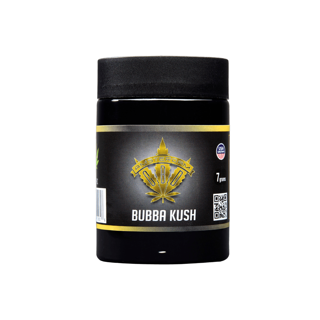 Kush CBD flower buds close-up — 7g pack, non-psychoactive hemp flower