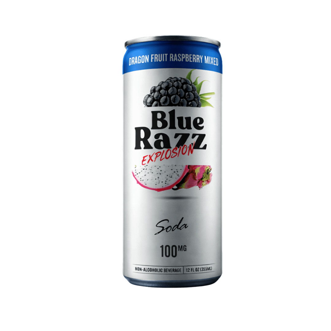 Sticky Green 100mg infused soda Blue Razz Explosion — dragon fruit raspberry cannabis drink

