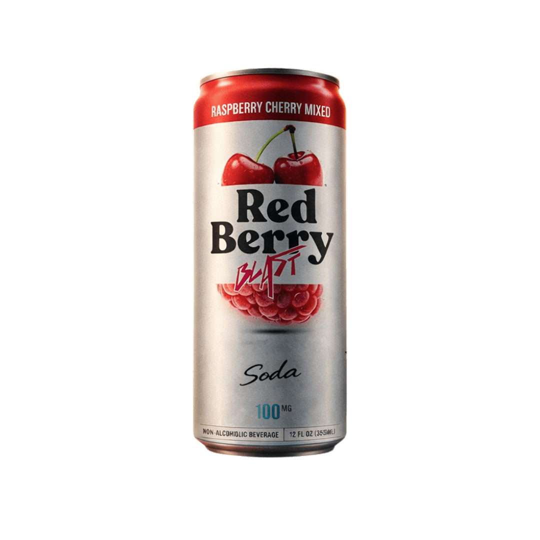 Sticky Green 100mg infused soda Red Berry Blast — raspberry cherry cannabis drink 12oz can

