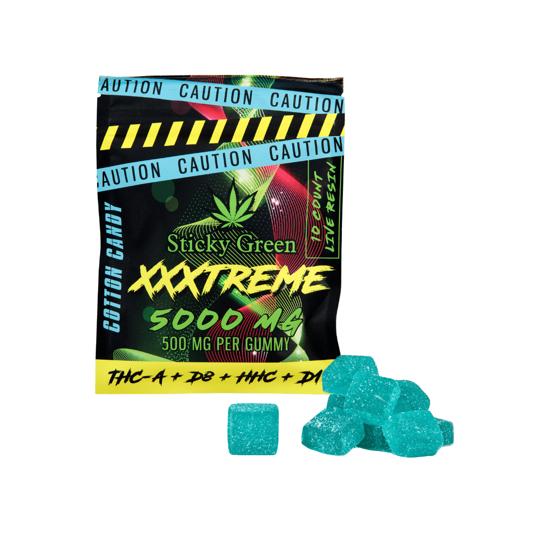 Sticky Green XXXtreme 500mg Cherry THC gummies — Live Resin pouch with red gummies