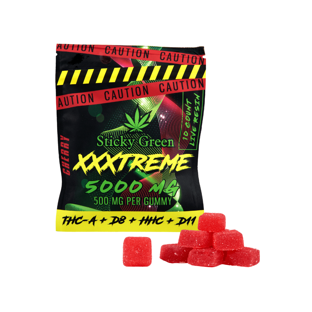 Sticky Green XXXtreme 500mg Mango THC gummies — 10ct Live Resin THC-A + D8 + HHC + D11 pouch