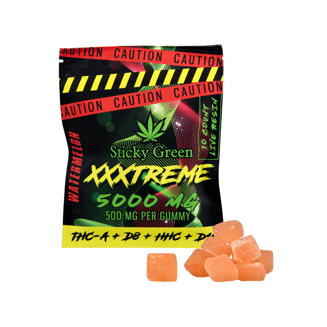 Sticky Green XXXtreme 500mg THC gummies Passion Fruit — 10ct Live Resin pouch with orange gummies