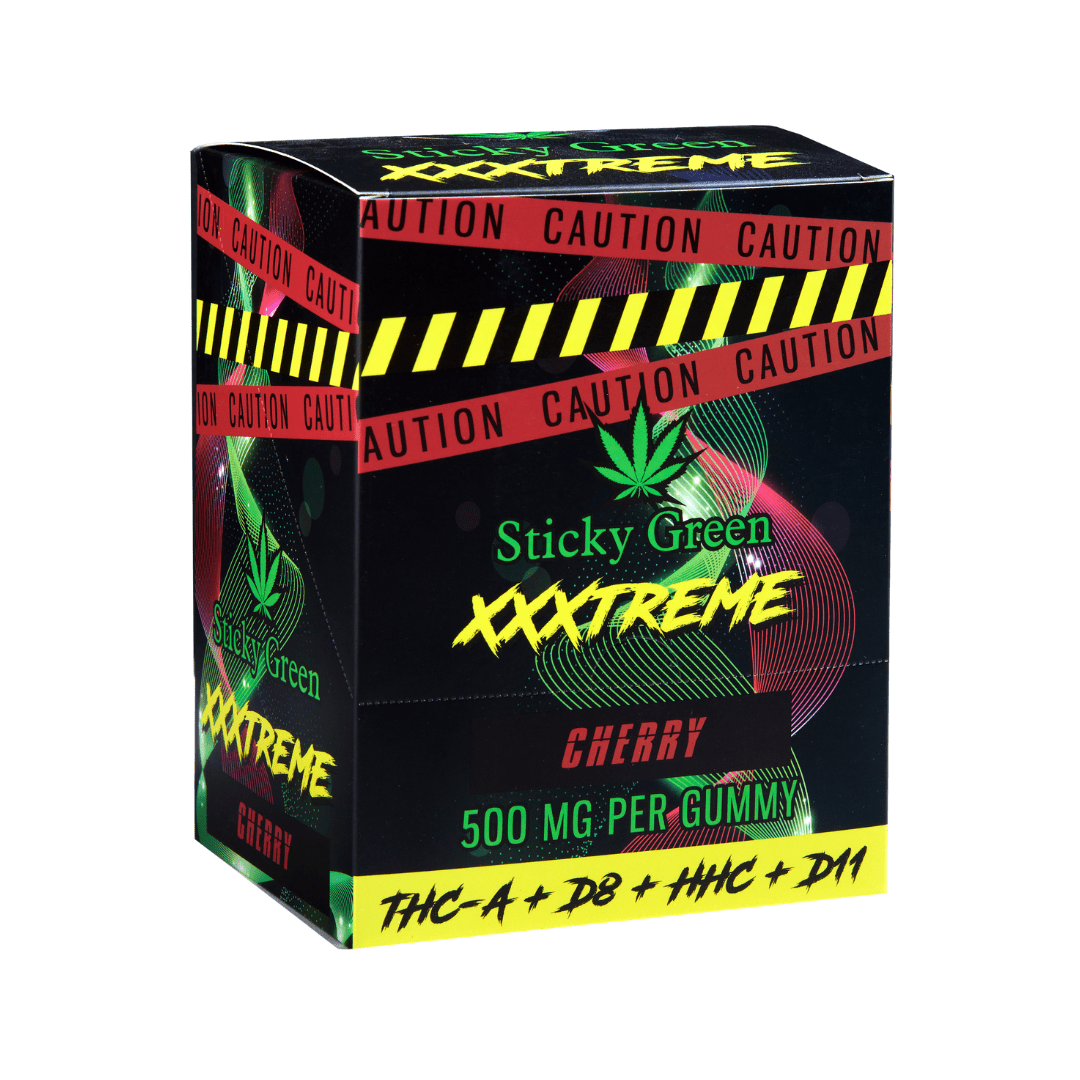 Sticky Green XXXtreme 500mg gummies Cherry box — THC-A + Delta 8 + HHC + Delta 11 Live Resin pack